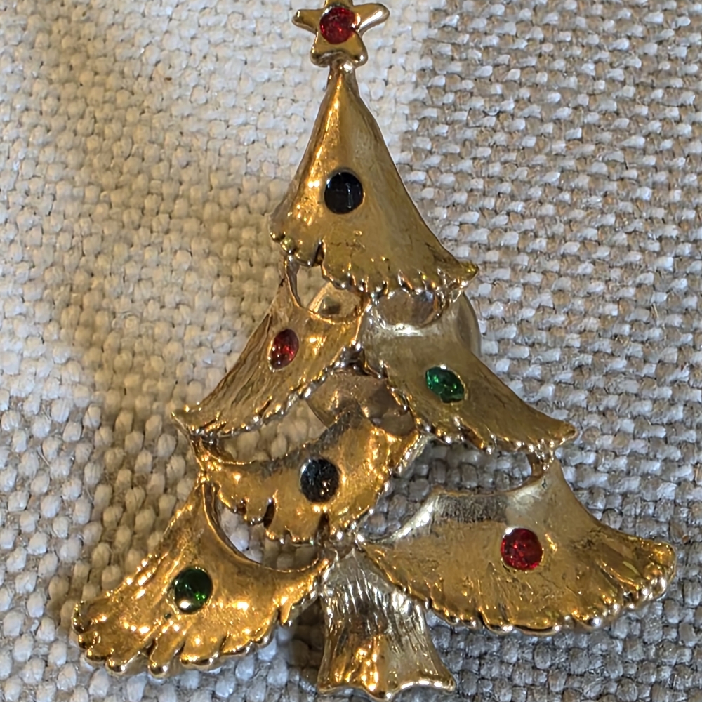 Vintage Thailand Gold Christmas Tree Pin with Red and Green Accents
